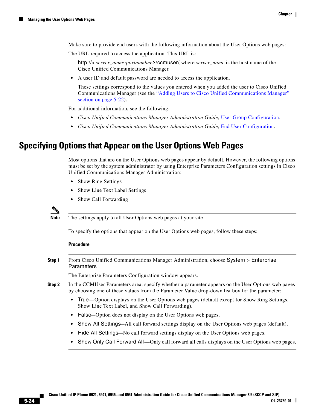 Cisco Systems 6921 manual Specifying Options that Appear on the User Options Web Pages 