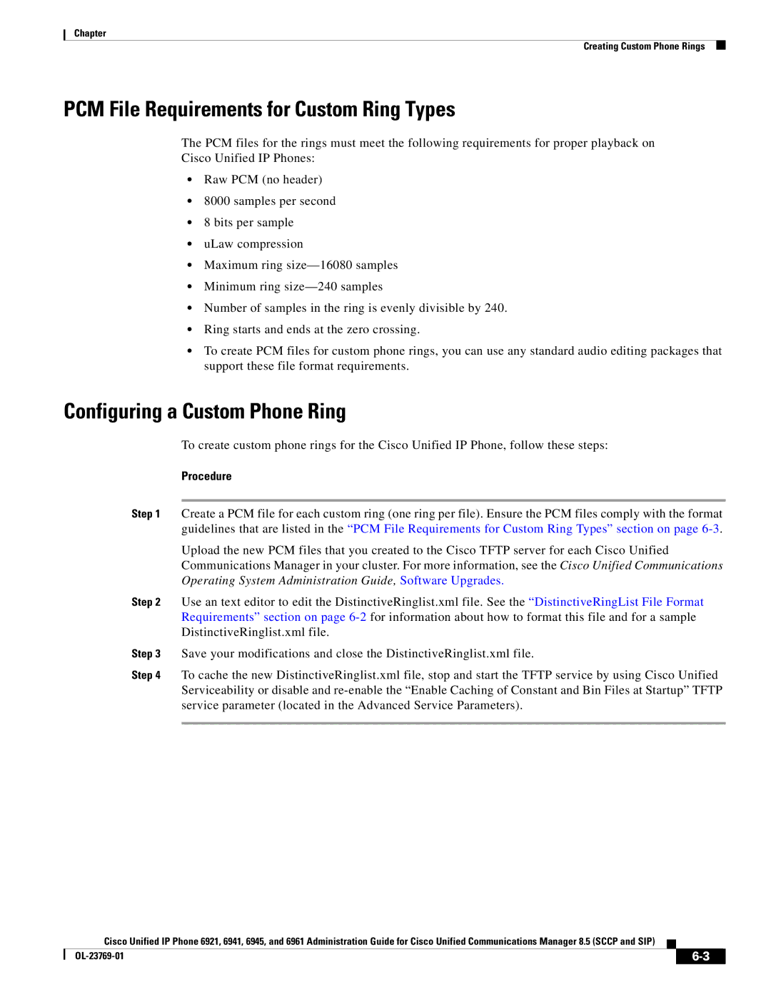 Cisco Systems 6921 manual PCM File Requirements for Custom Ring Types, Configuring a Custom Phone Ring 