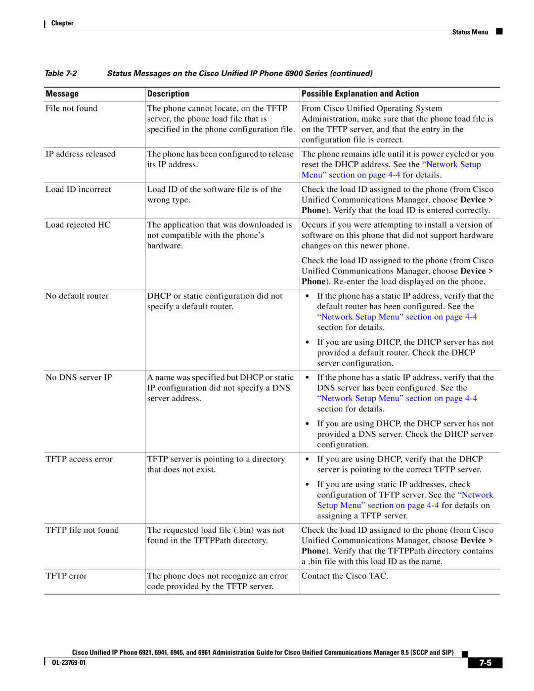 Cisco Systems 6921 manual Setup Menu section on page 4-4for details on 