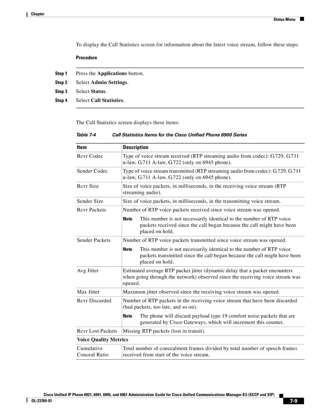 Cisco Systems 6921 manual Select Status, Select Call Statistics, Call Statistics screen displays these items 