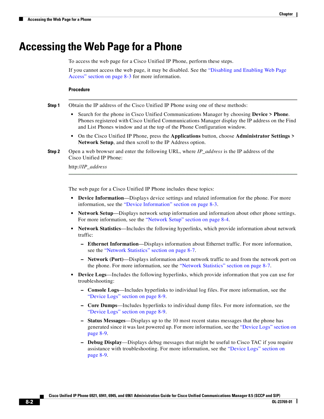 Cisco Systems 6921 manual Accessing the Web Page for a Phone, Http//IPaddress 