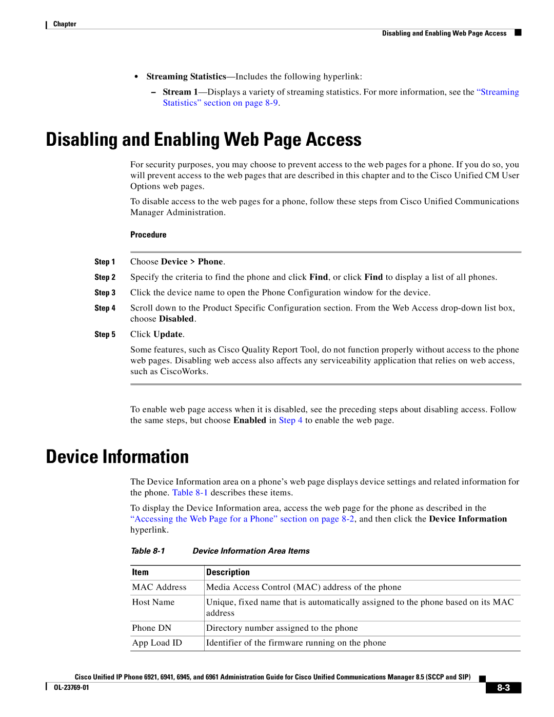 Cisco Systems 6921 manual Disabling and Enabling Web Page Access, Device Information, Choose Device Phone 