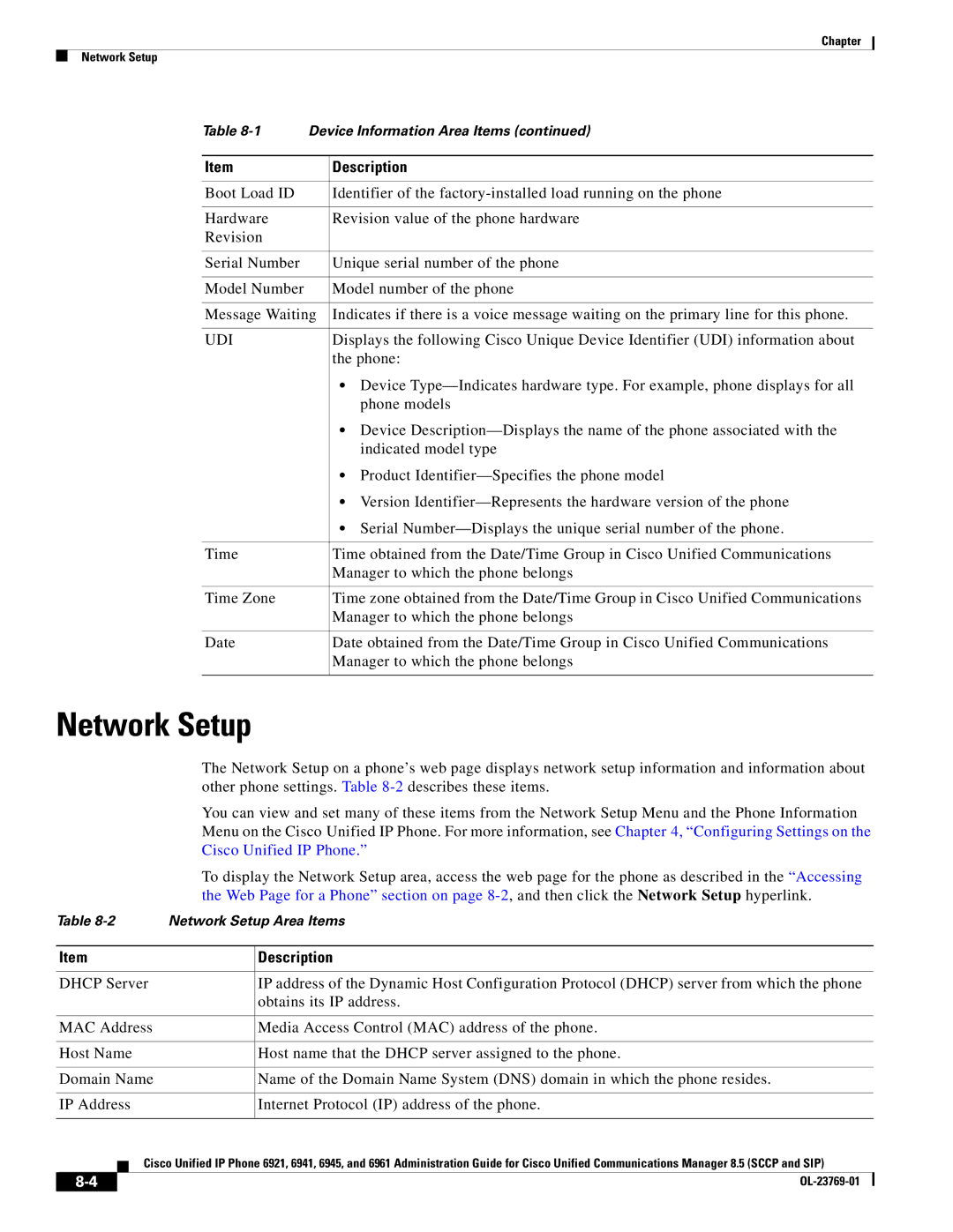 Cisco Systems 6921 manual Network Setup, Udi 