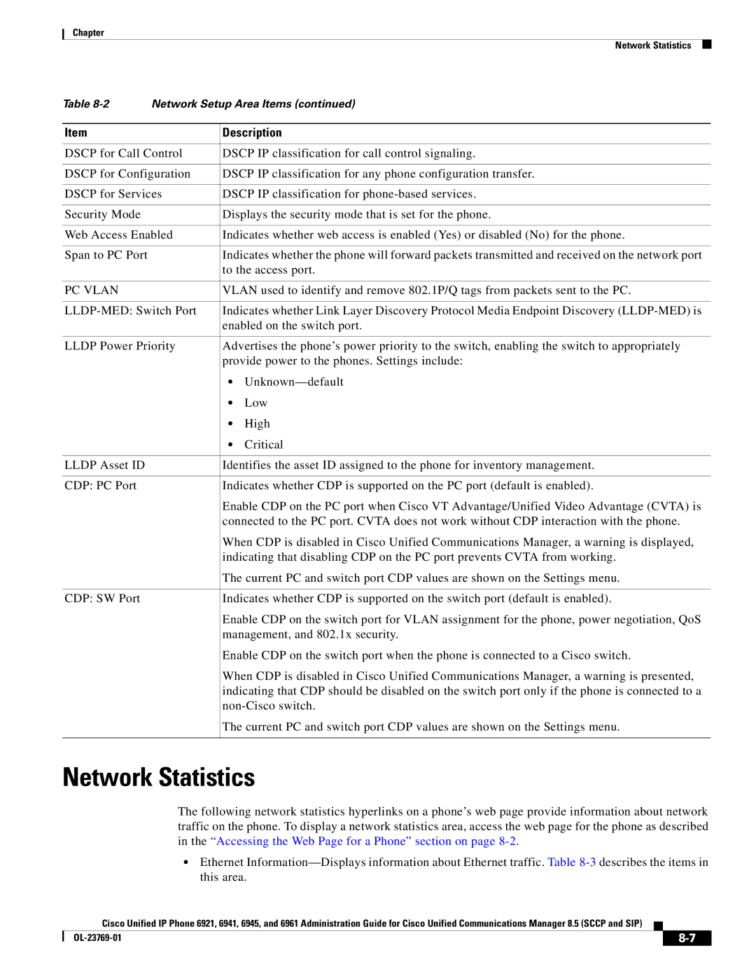 Cisco Systems 6921 manual Network Statistics, PC Vlan 