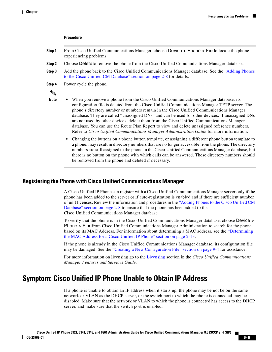 Cisco Systems 6921 manual Symptom Cisco Unified IP Phone Unable to Obtain IP Address, Experiencing problems 