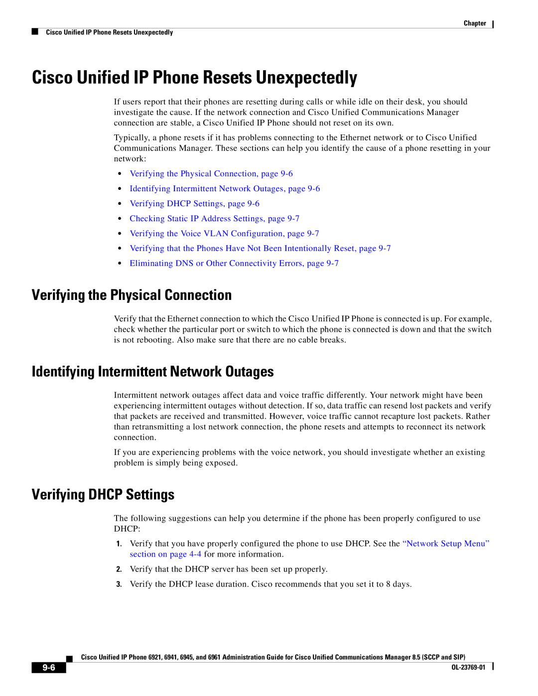 Cisco Systems 6921 Cisco Unified IP Phone Resets Unexpectedly, Verifying the Physical Connection, Verifying Dhcp Settings 