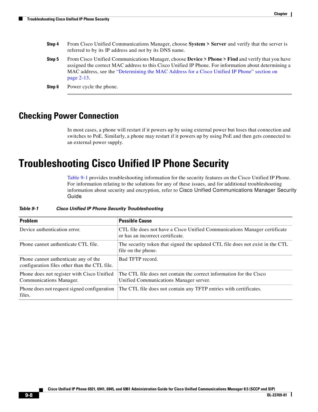 Cisco Systems 6921 Troubleshooting Cisco Unified IP Phone Security, Checking Power Connection, Problem Possible Cause 