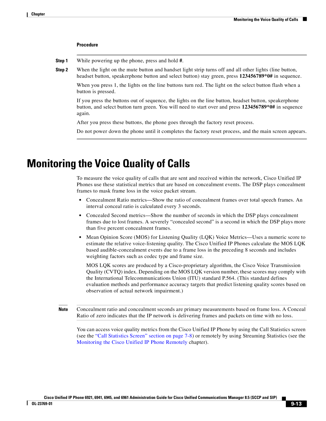 Cisco Systems 6921 manual Monitoring the Voice Quality of Calls, Procedure 