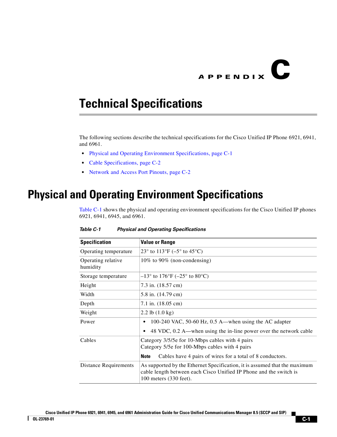 Cisco Systems 6921 manual Physical and Operating Environment Specifications, Specification Value or Range 