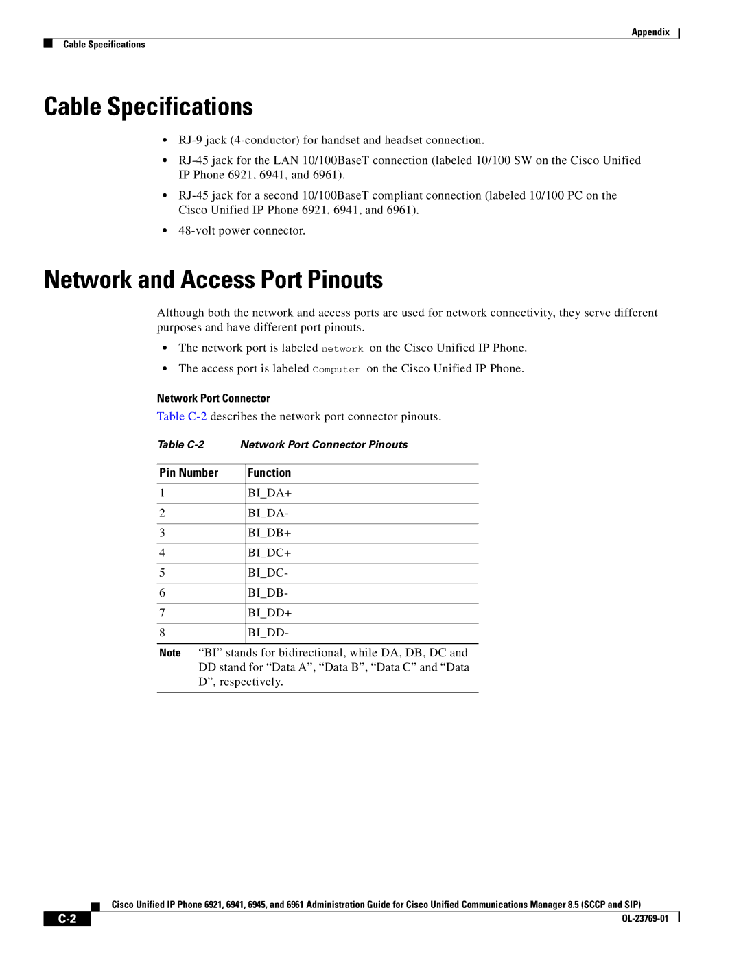 Cisco Systems 6921 Cable Specifications, Network and Access Port Pinouts, Network Port Connector, Pin Number Function 