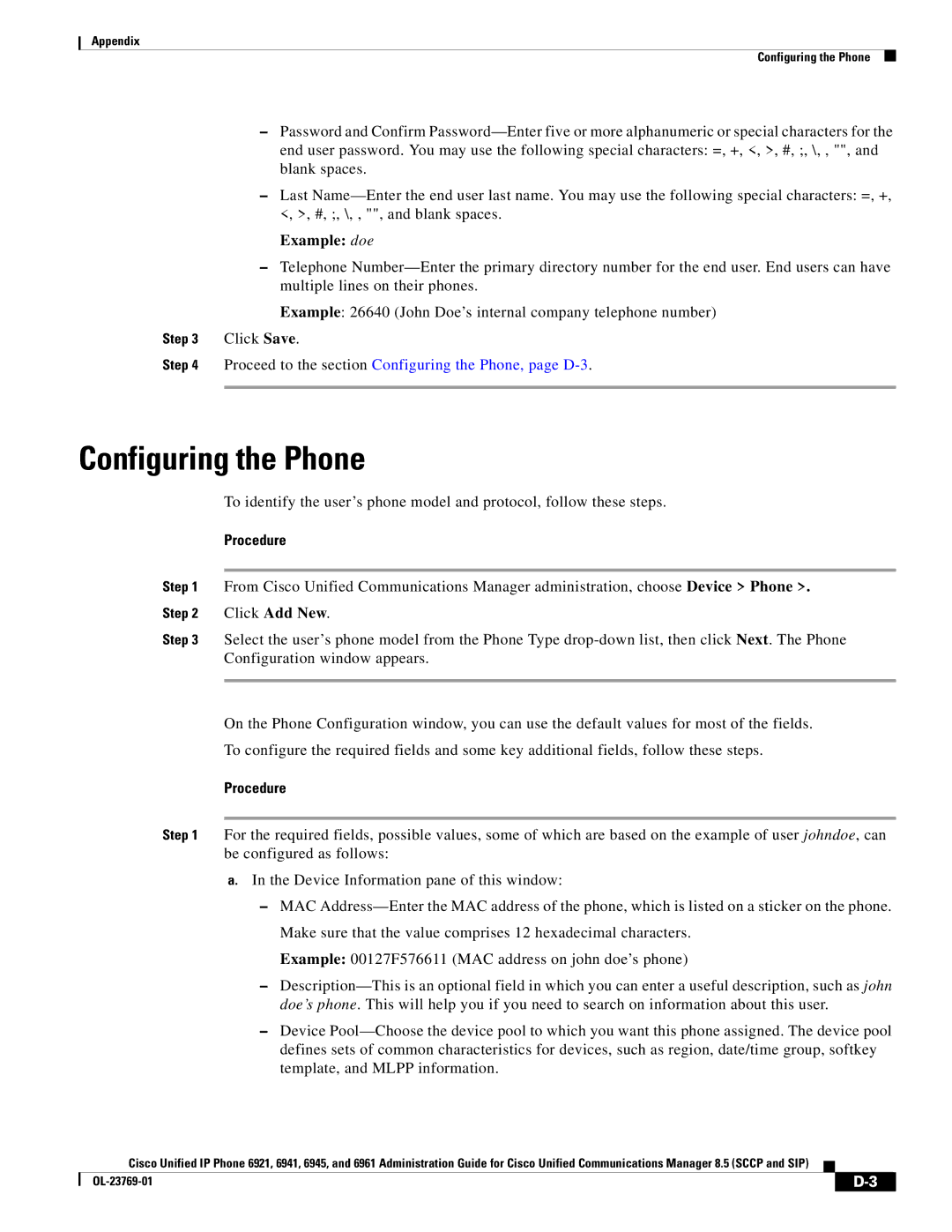 Cisco Systems 6921 manual Example doe, Proceed to the section Configuring the Phone, page D-3 