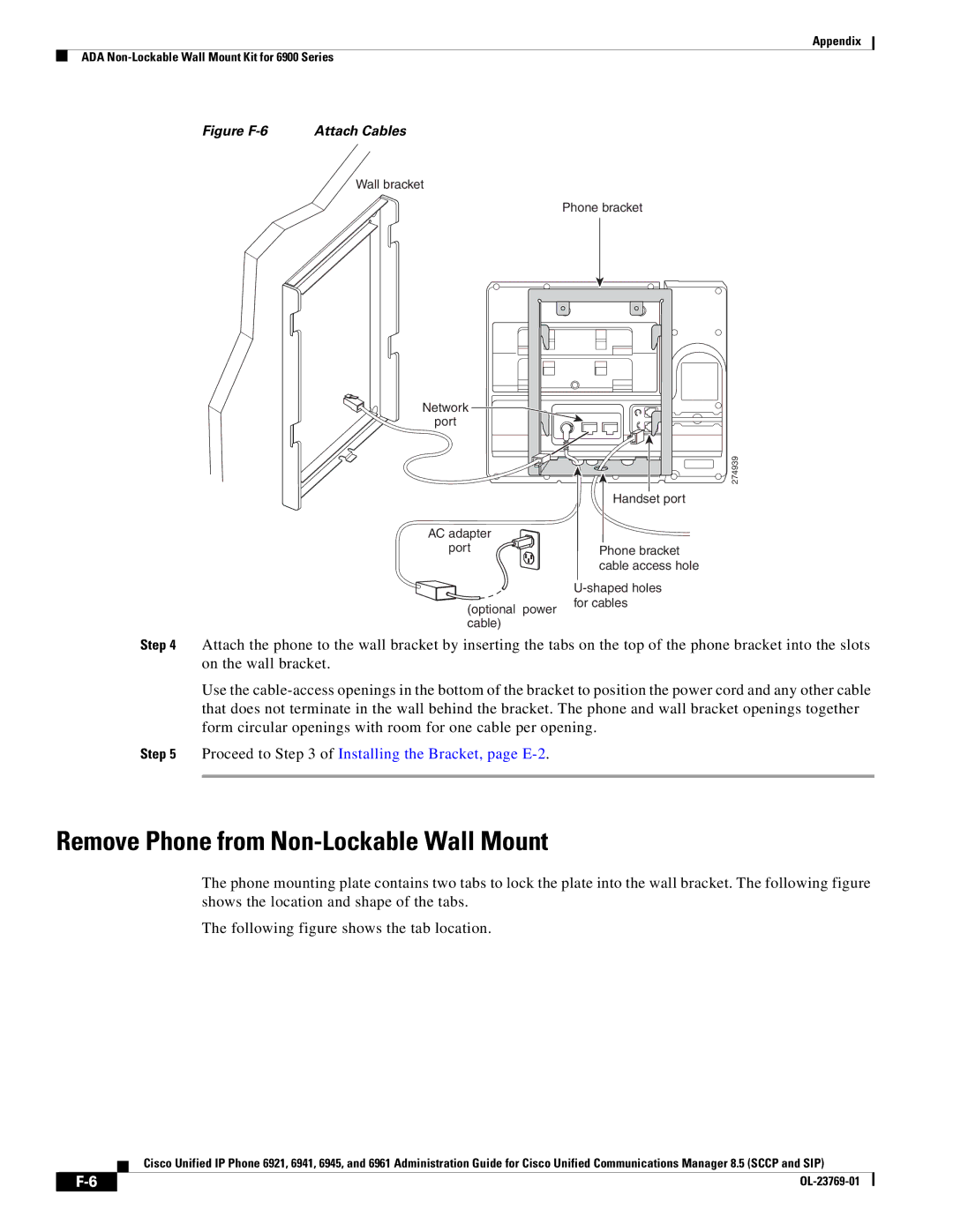 Cisco Systems 6921 manual Remove Phone from Non-Lockable Wall Mount, Proceed to of Installing the Bracket, page E-2 