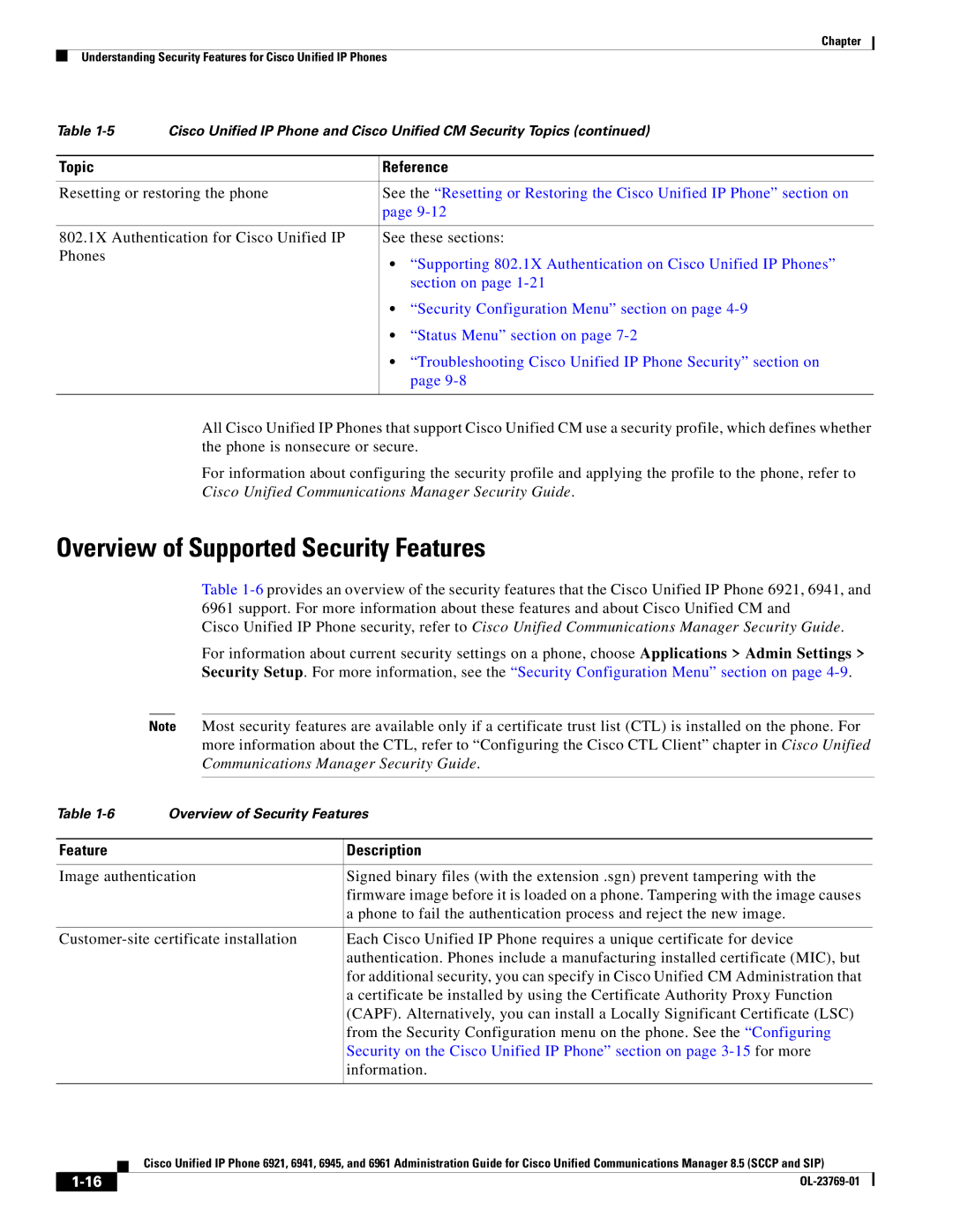 Cisco Systems 6921 manual Overview of Supported Security Features, Feature Description, Information 