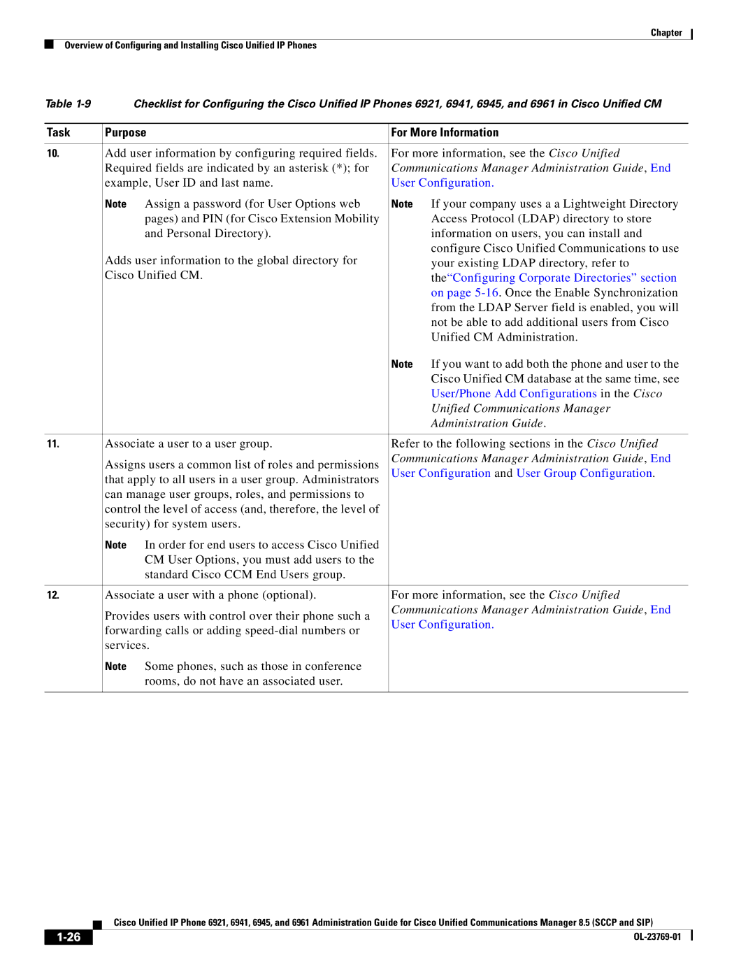 Cisco Systems 6921 manual Task Purpose For More Information, Communications Manager Administration Guide, End 