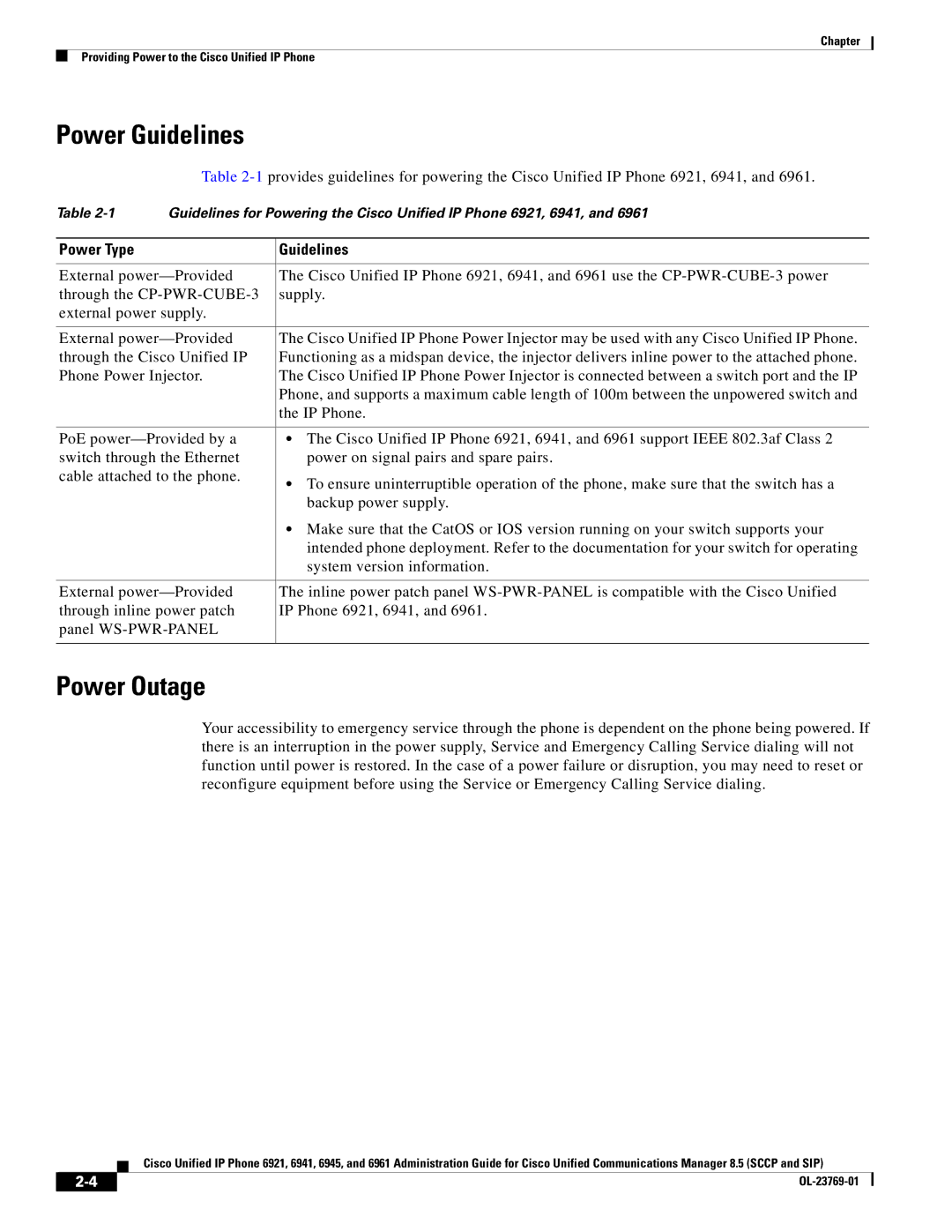 Cisco Systems 6921 manual Power Guidelines, Power Outage, Power Type Guidelines 