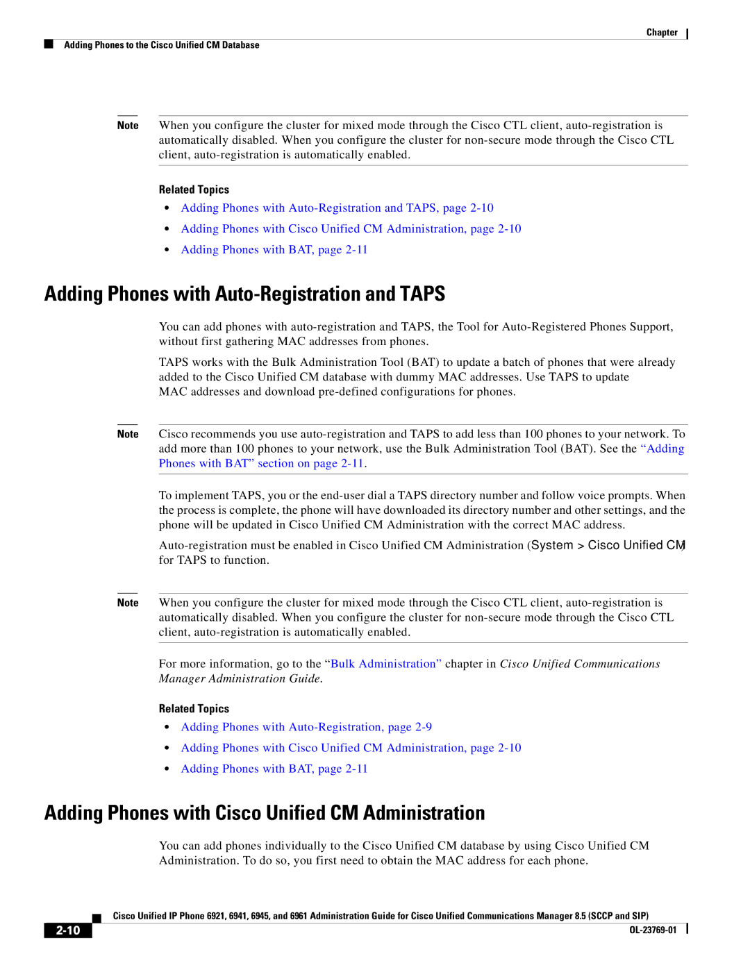 Cisco Systems 6921 manual Adding Phones with Auto-Registration and Taps, Adding Phones with Cisco Unified CM Administration 