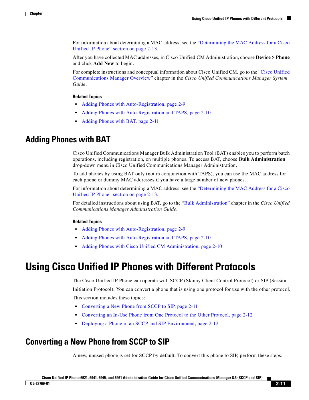 Cisco Systems 6921 manual Using Cisco Unified IP Phones with Different Protocols, Adding Phones with BAT 