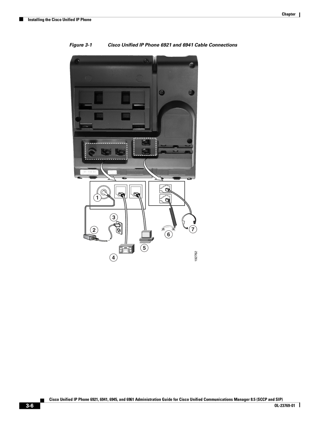 Cisco Systems manual Cisco Unified IP Phone 6921 and 6941 Cable Connections 