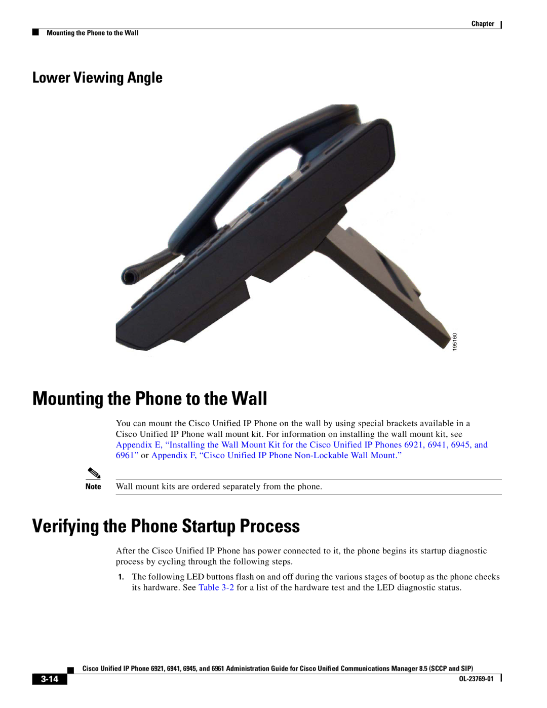 Cisco Systems 6921 manual Mounting the Phone to the Wall, Verifying the Phone Startup Process, Lower Viewing Angle 