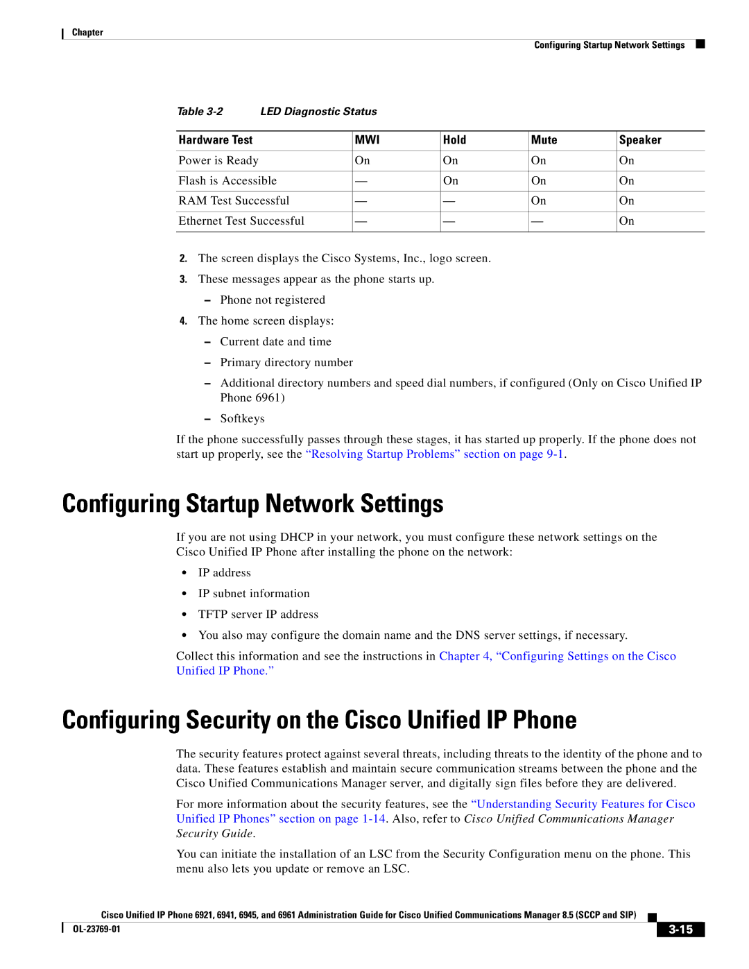 Cisco Systems 6921 manual Configuring Startup Network Settings, Configuring Security on the Cisco Unified IP Phone 