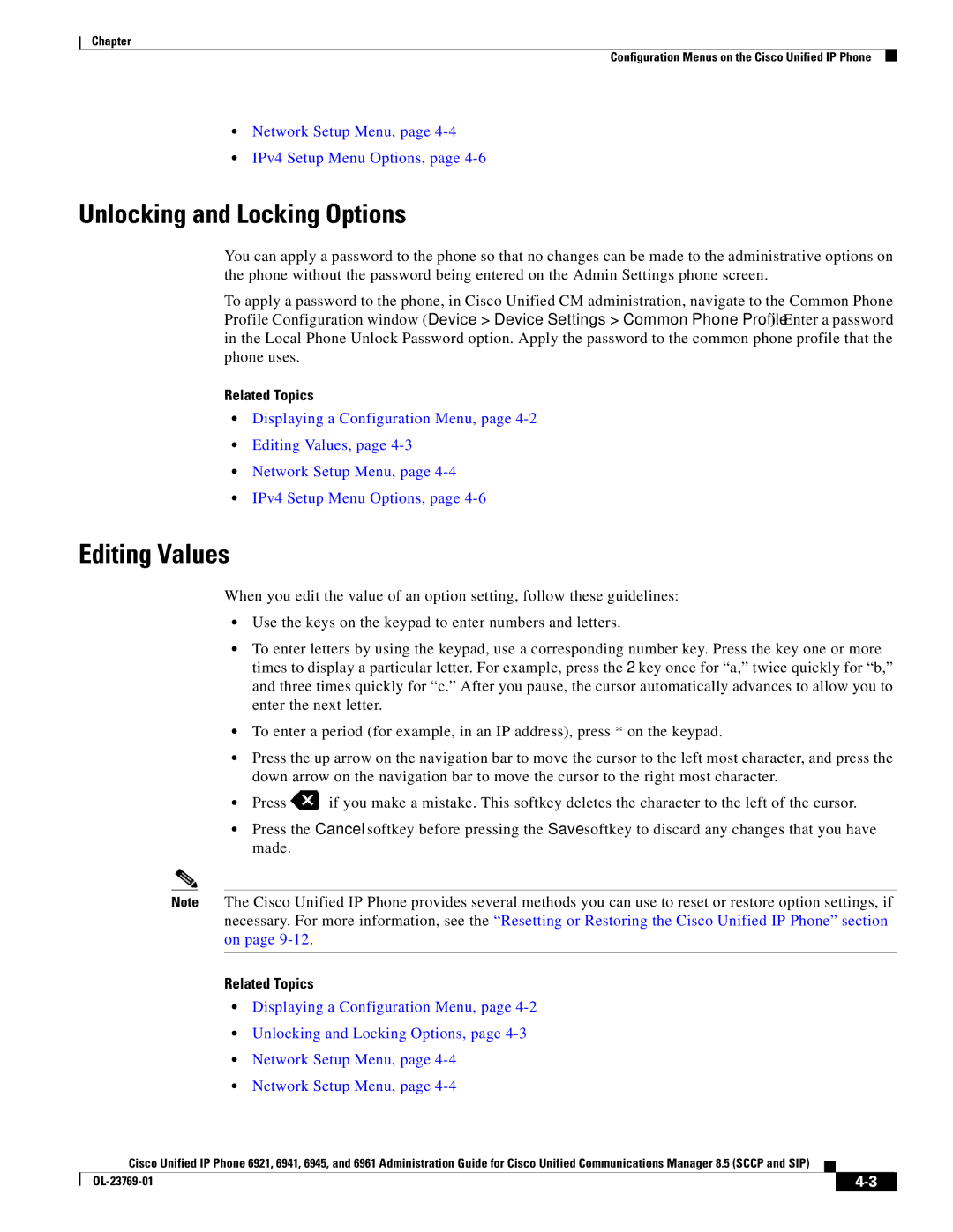 Cisco Systems 6921 manual Unlocking and Locking Options, Editing Values, Network Setup Menu, IPv4 Setup Menu Options 