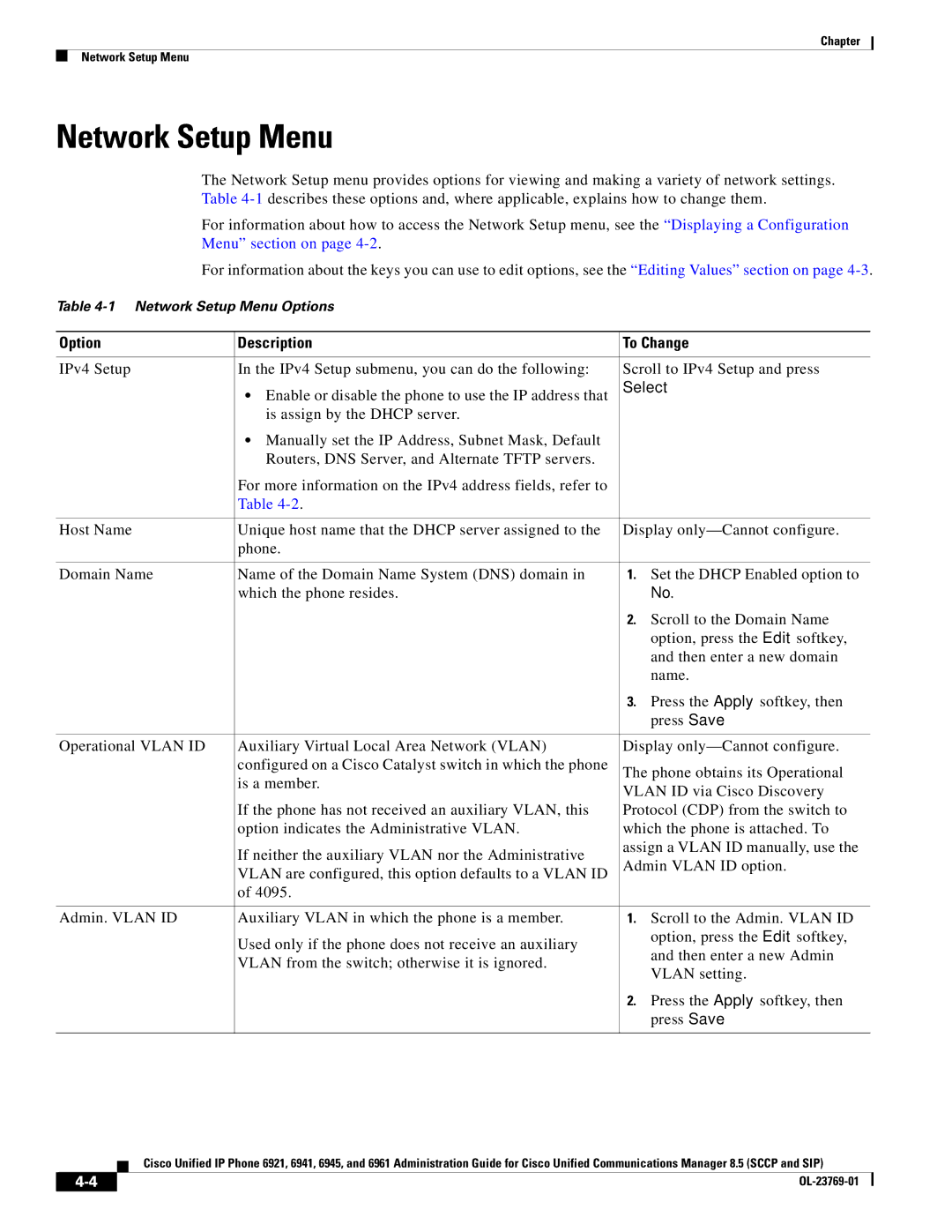 Cisco Systems 6921 manual Network Setup Menu, Option Description To Change, Select 