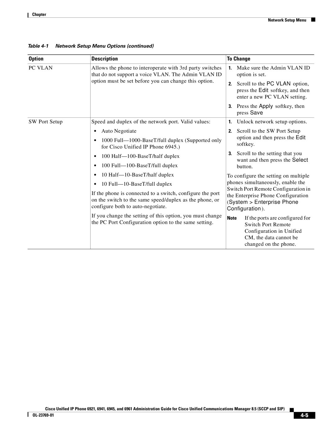 Cisco Systems 6921 manual PC Vlan, System Enterprise Phone, Configure both to auto-negotiate, Configuration 