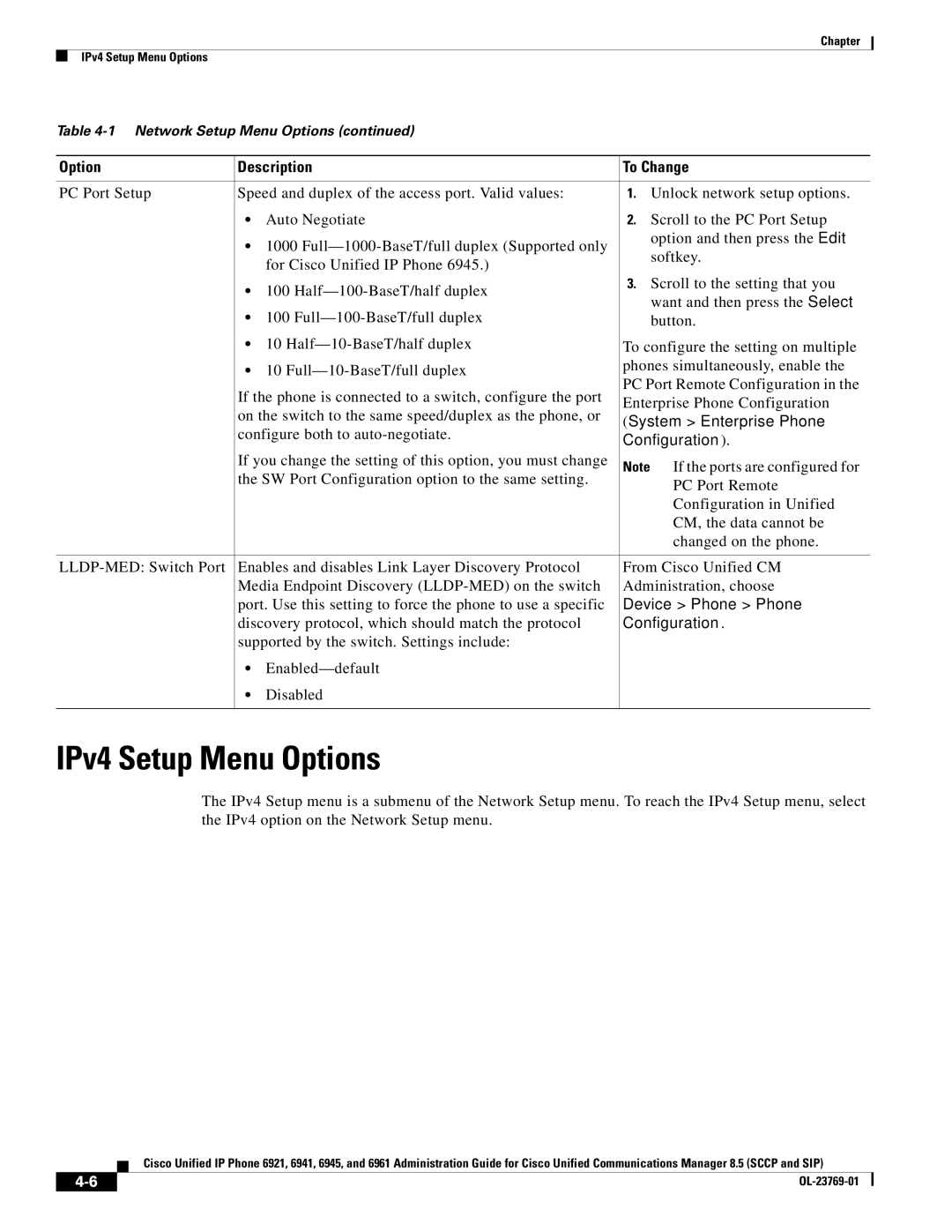 Cisco Systems 6921 manual IPv4 Setup Menu Options, Device Phone Phone, Discovery protocol, which should match the protocol 