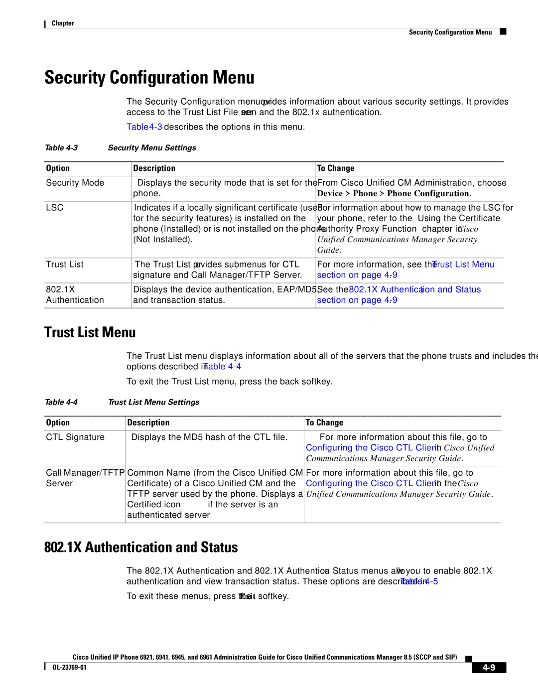 Cisco Systems 6921 manual Security Configuration Menu, Trust List Menu, 802.1X Authentication and Status 