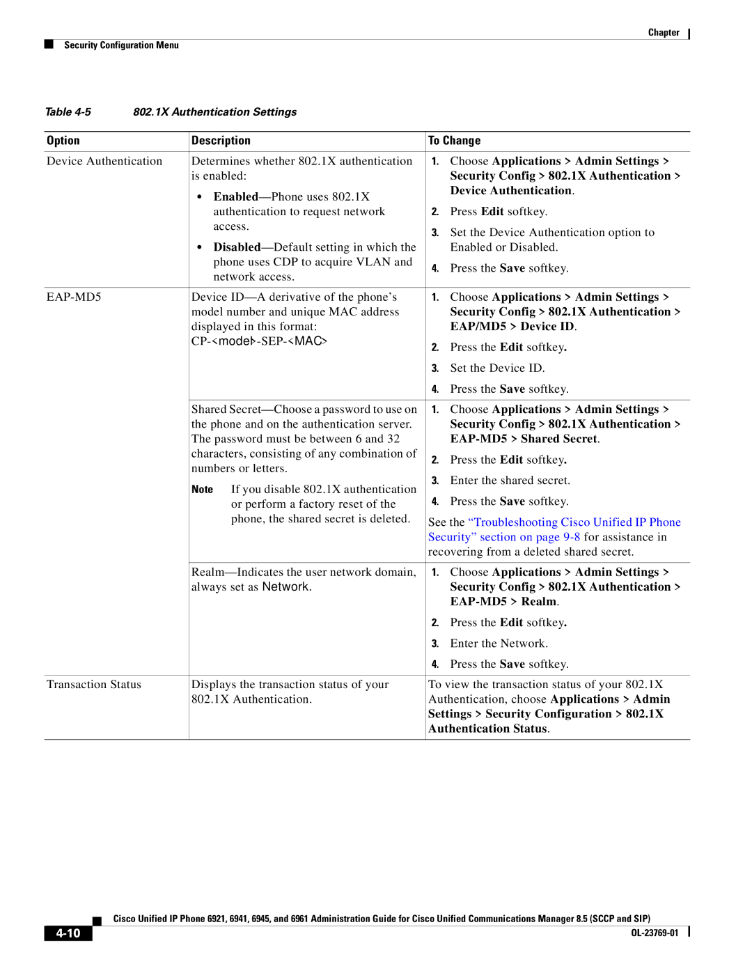 Cisco Systems 6921 manual Choose Applications Admin Settings, Security Config 802.1X Authentication, Device Authentication 