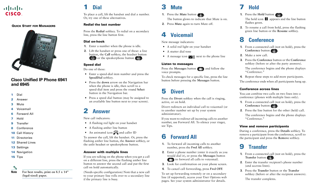 Cisco Systems 6945, 6941 quick start Dial, Answer, Mute, Voicemail, Divert, Forward All, Hold, Conference, Transfer 