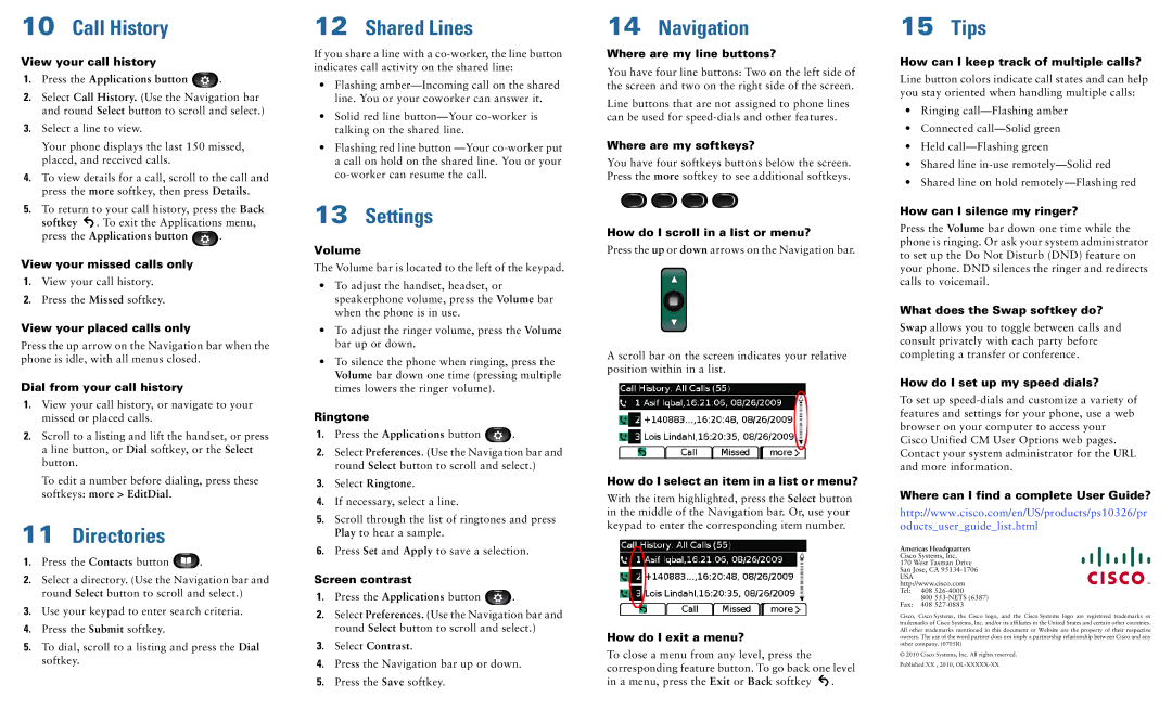Cisco Systems 6941, 6945 quick start Call History, Directories, Shared Lines, Settings, Navigation, Tips 