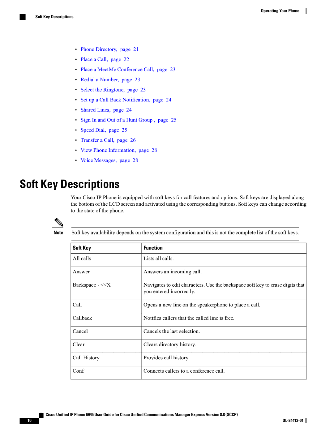 Cisco Systems 6945 manual Soft Key Descriptions, Soft Key Function 