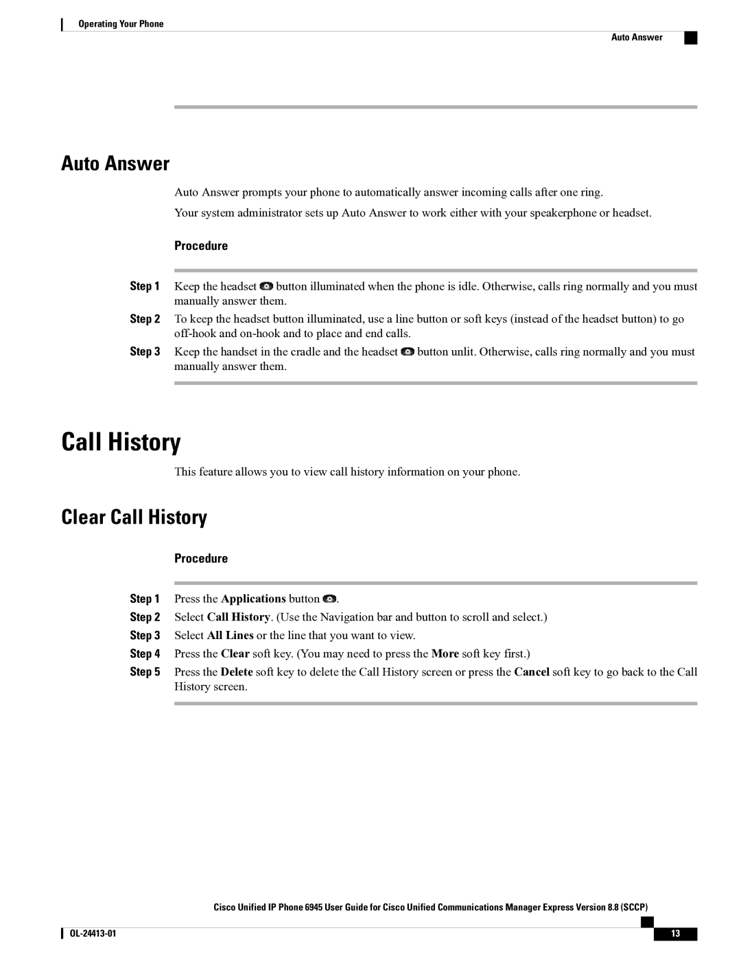 Cisco Systems 6945 manual Auto Answer, Clear Call History 