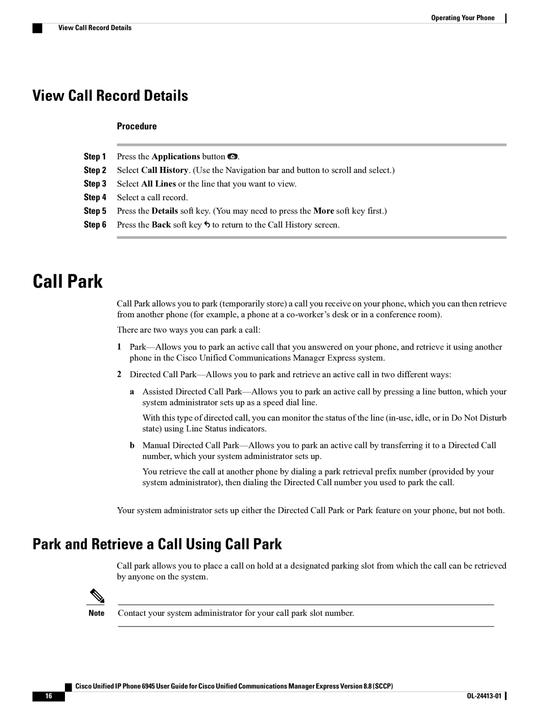 Cisco Systems 6945 manual View Call Record Details, Park and Retrieve a Call Using Call Park 