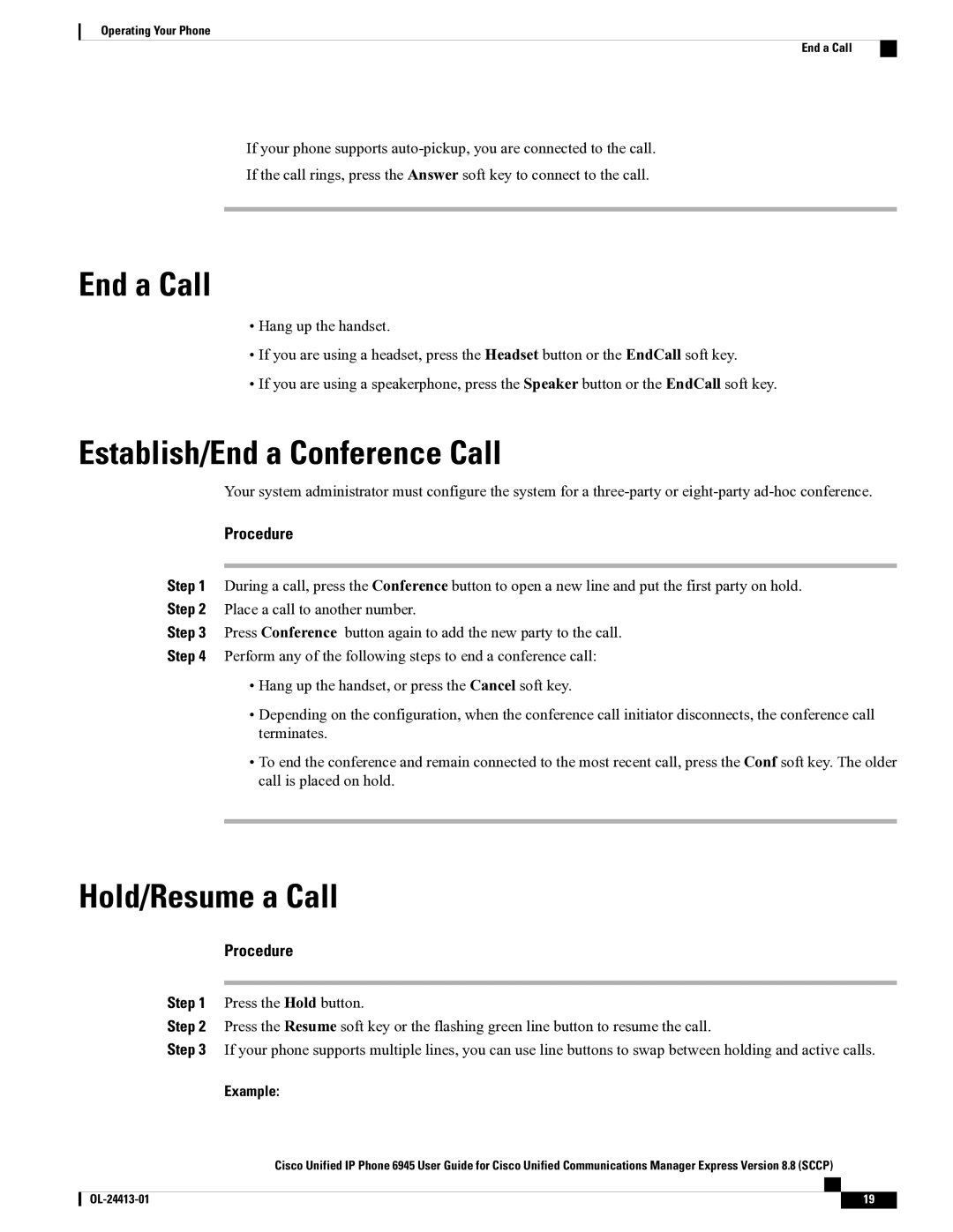 Cisco Systems 6945 manual End a Call, Establish/End a Conference Call, Hold/Resume a Call 