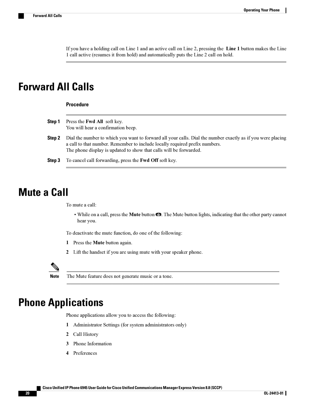 Cisco Systems 6945 manual Forward All Calls, Mute a Call, Phone Applications 