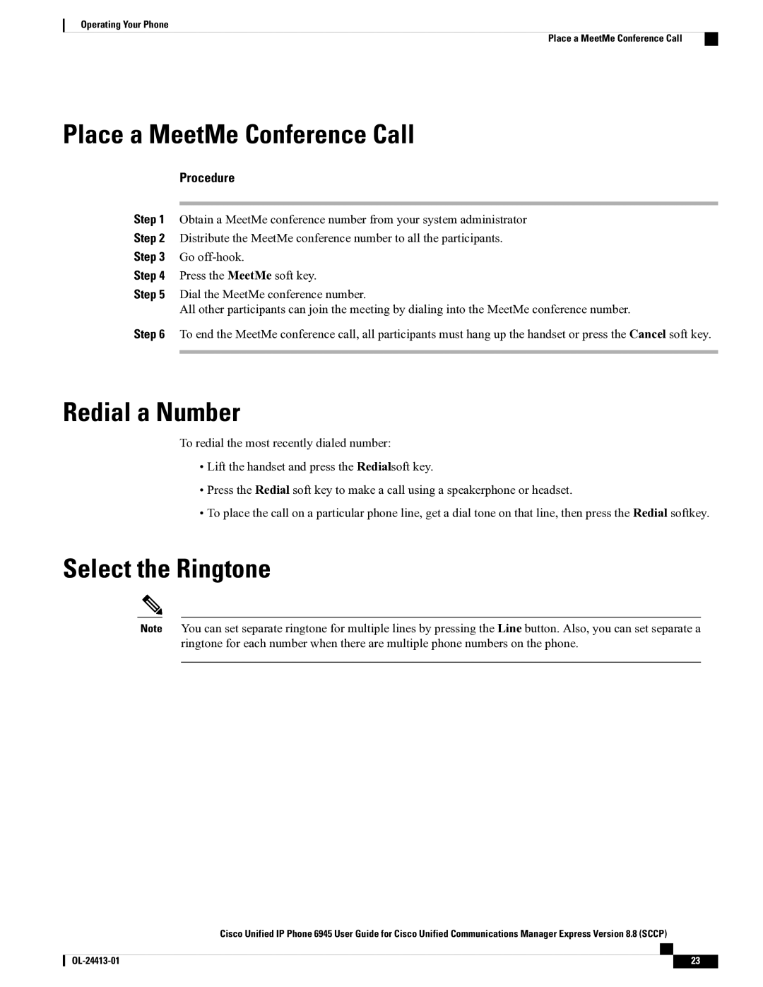 Cisco Systems 6945 manual Place a MeetMe Conference Call, Redial a Number, Select the Ringtone 