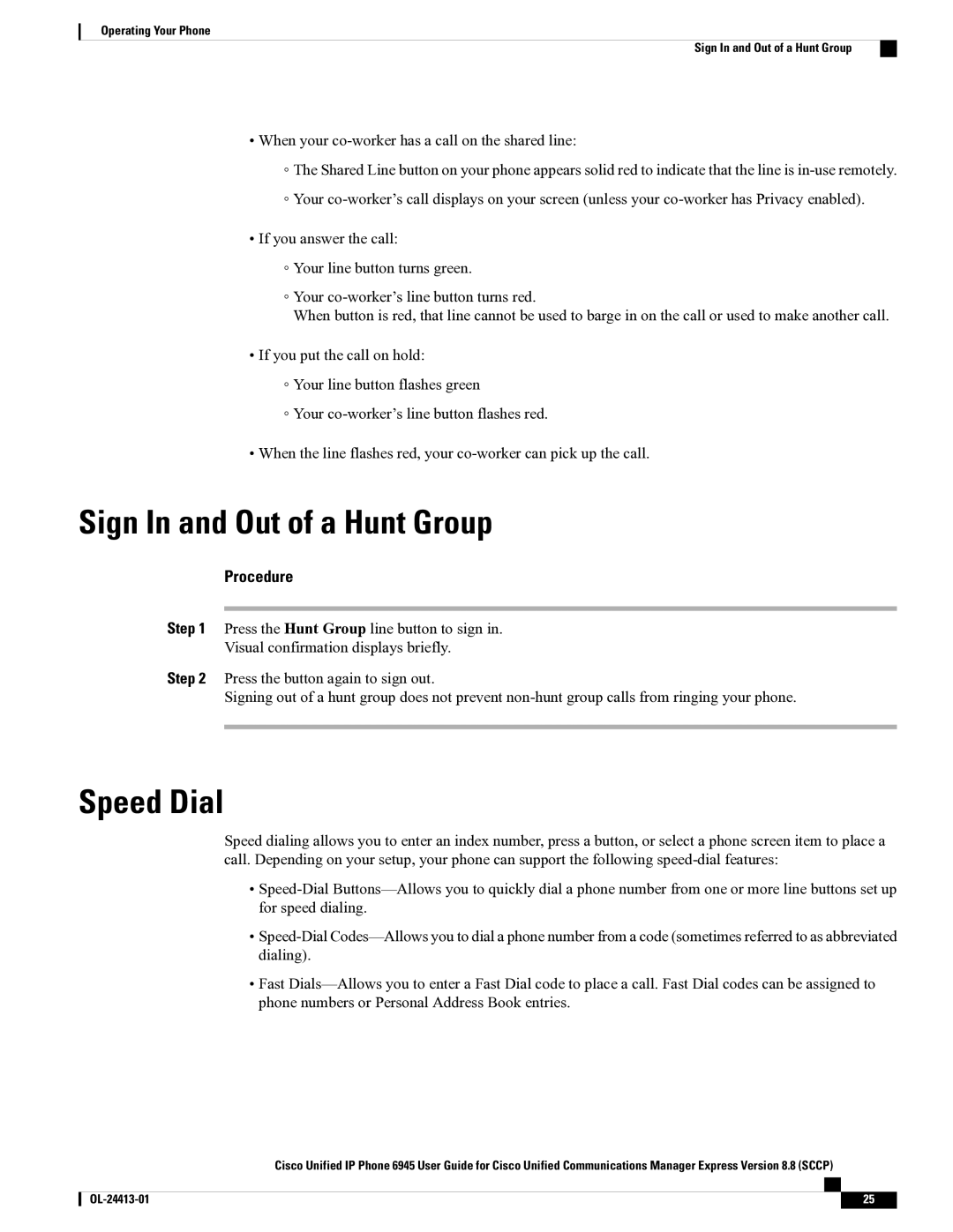 Cisco Systems 6945 manual Sign In and Out of a Hunt Group, Speed Dial 