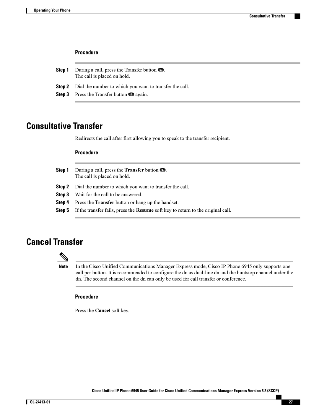 Cisco Systems 6945 manual Consultative Transfer, Cancel Transfer 