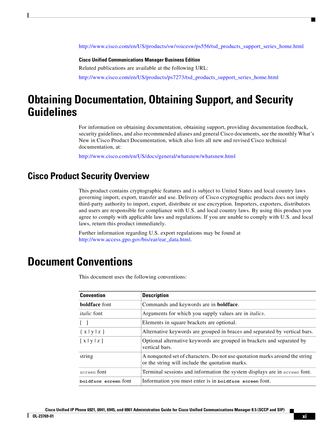 Cisco Systems 6945 Document Conventions, Cisco Unified Communications Manager Business Edition, Convention Description 