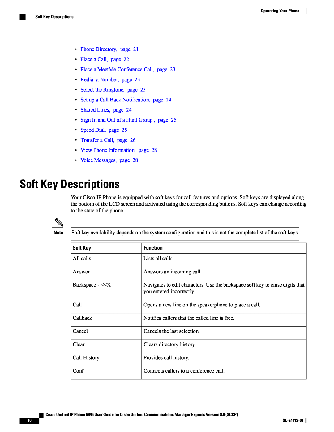 Cisco Systems 6945 manual Soft Key Descriptions, Function 