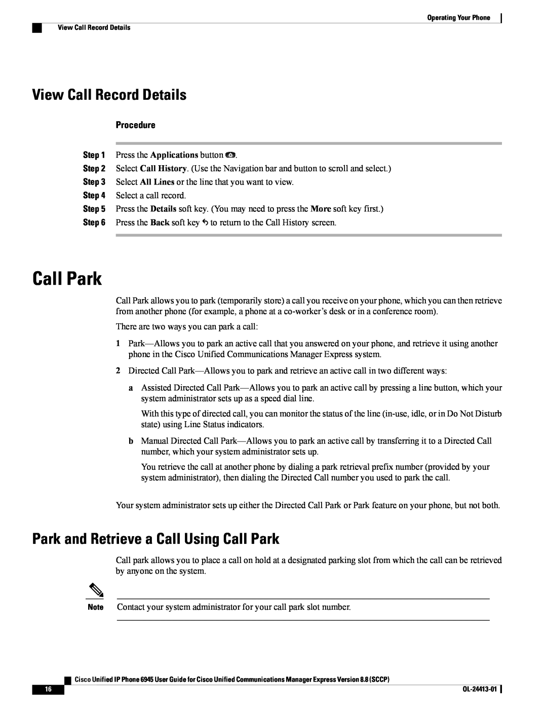 Cisco Systems 6945 manual View Call Record Details, Park and Retrieve a Call Using Call Park, Procedure 