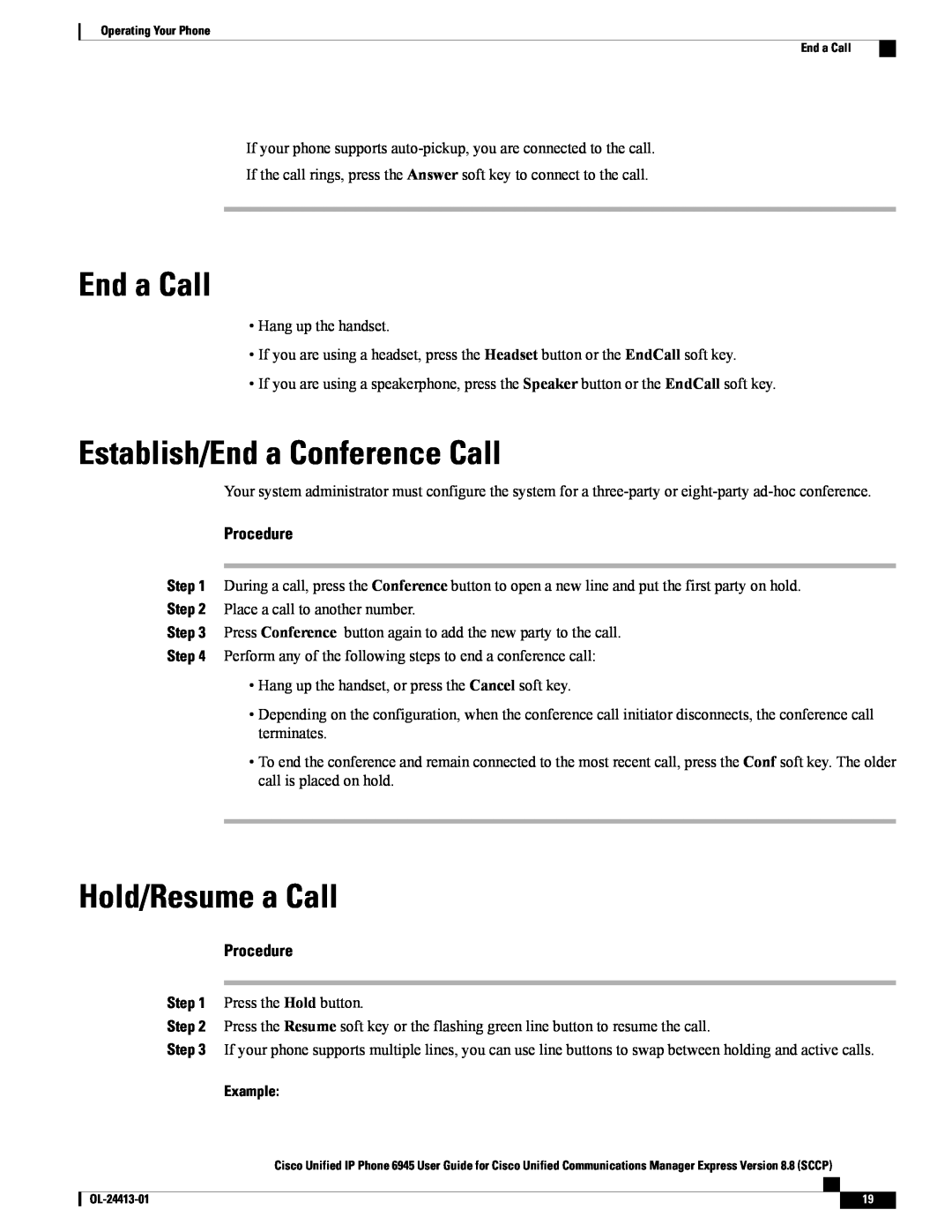 Cisco Systems 6945 manual End a Call, Establish/End a Conference Call, Hold/Resume a Call, Procedure, Example 