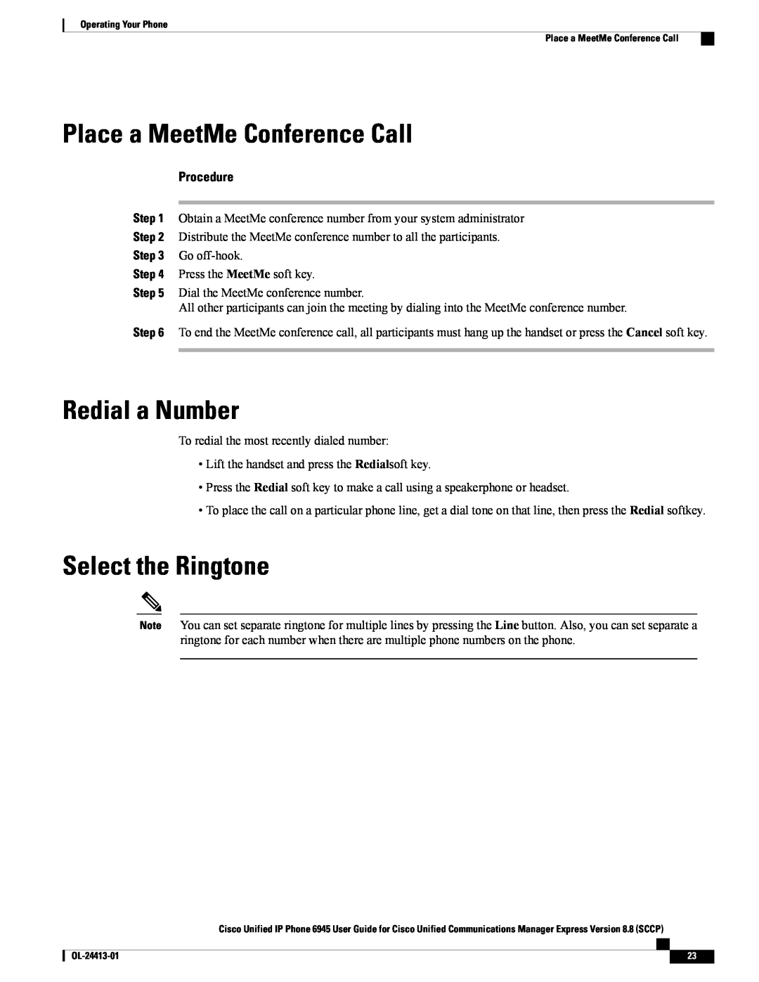 Cisco Systems 6945 manual Place a MeetMe Conference Call, Redial a Number, Select the Ringtone, Procedure 
