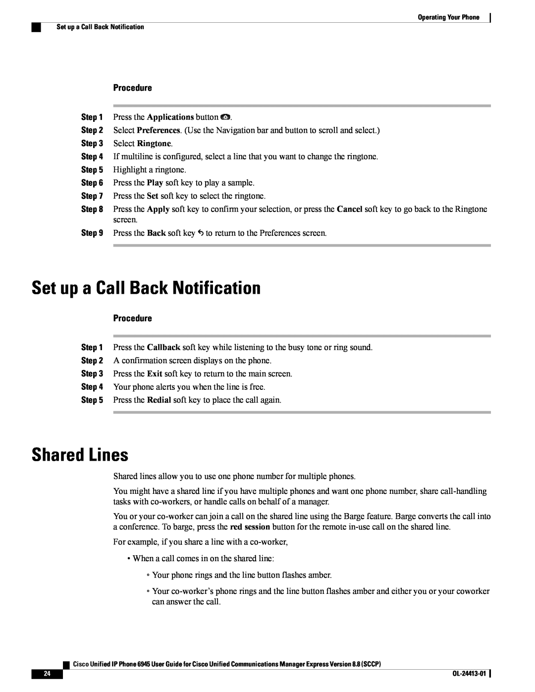 Cisco Systems 6945 manual Set up a Call Back Notification, Shared Lines, Procedure 