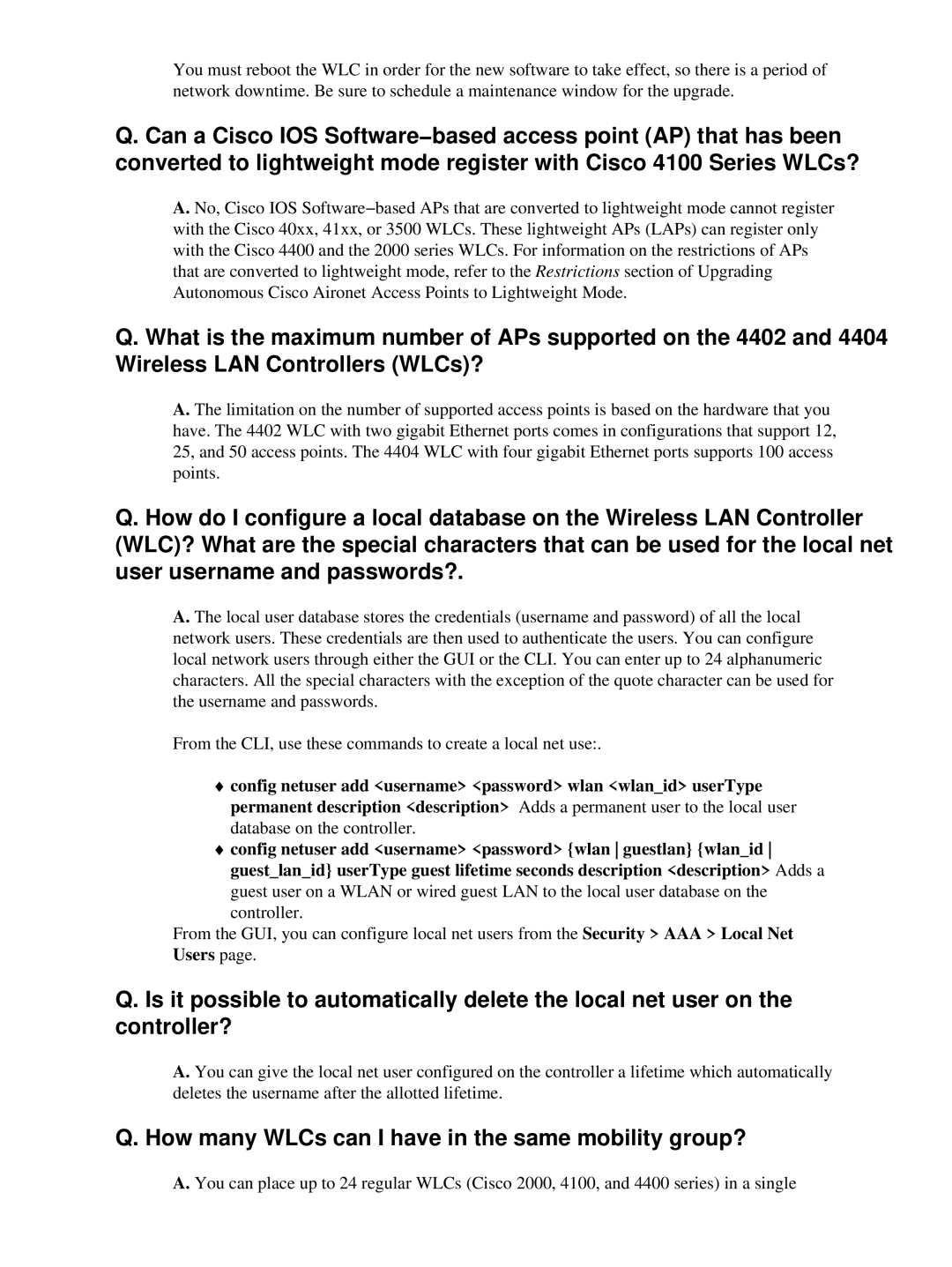 Cisco Systems 69561 manual How many WLCs can I have in the same mobility group? 