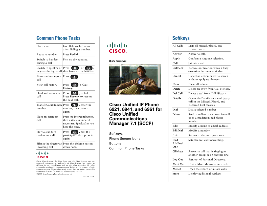 Cisco Systems 6941, 6961 manual Common Phone Tasks, Softkeys, Off 