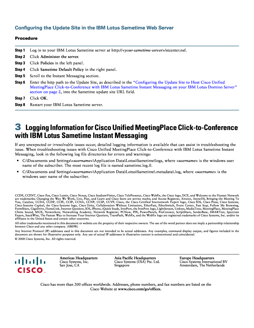 Cisco Systems 6.x and 7.0 manual Configuring the Update Site in the IBM Lotus Sametime Web Server, Click OK, Procedure 