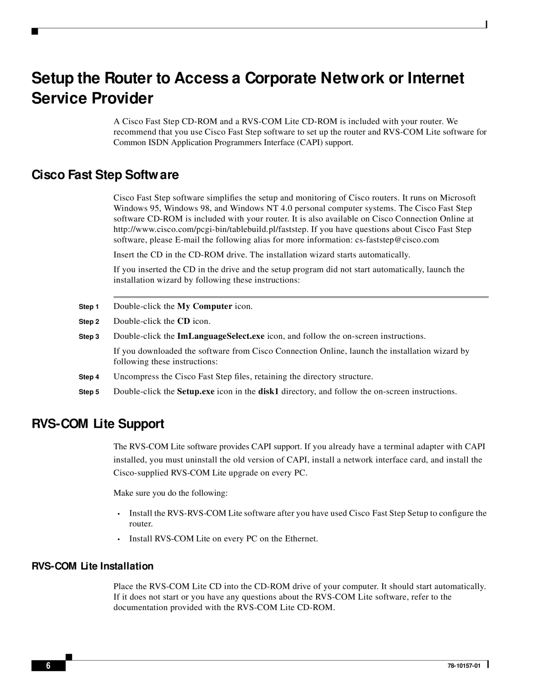 Cisco Systems 700 Series quick start Cisco Fast Step Software, RVS-COM Lite Support 